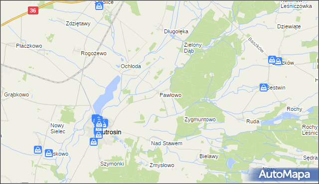 mapa Pawłowo gmina Jutrosin, Pawłowo gmina Jutrosin na mapie Targeo