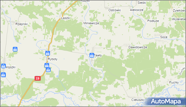 mapa Pawły gmina Zabłudów, Pawły gmina Zabłudów na mapie Targeo