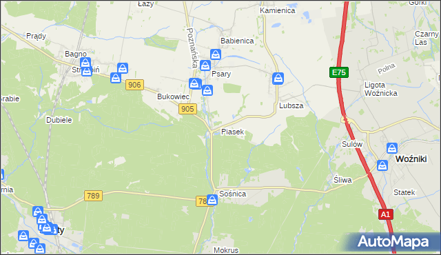 mapa Piasek gmina Woźniki, Piasek gmina Woźniki na mapie Targeo