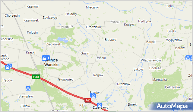 mapa Piaski gmina Świnice Warckie, Piaski gmina Świnice Warckie na mapie Targeo