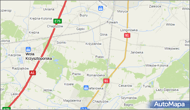 mapa Piaski gmina Wola Krzysztoporska, Piaski gmina Wola Krzysztoporska na mapie Targeo