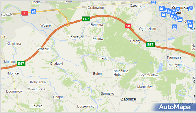 mapa Piaski gmina Zduńska Wola, Piaski gmina Zduńska Wola na mapie Targeo