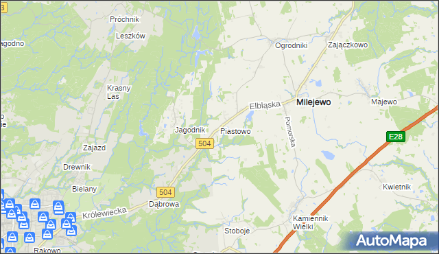 mapa Piastowo gmina Milejewo, Piastowo gmina Milejewo na mapie Targeo
