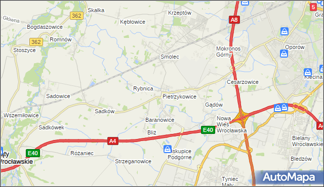 mapa Pietrzykowice gmina Kąty Wrocławskie, Pietrzykowice gmina Kąty Wrocławskie na mapie Targeo