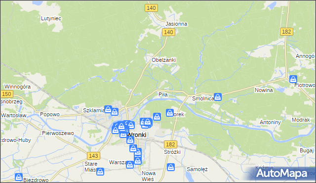 mapa Piła gmina Wronki, Piła gmina Wronki na mapie Targeo