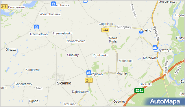 mapa Piotrkówko gmina Sicienko, Piotrkówko gmina Sicienko na mapie Targeo