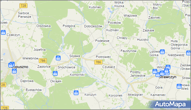 mapa Piotrowiec gmina Łopuszno, Piotrowiec gmina Łopuszno na mapie Targeo