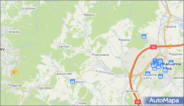 mapa Pisarzowice gmina Kamienna Góra, Pisarzowice gmina Kamienna Góra na mapie Targeo