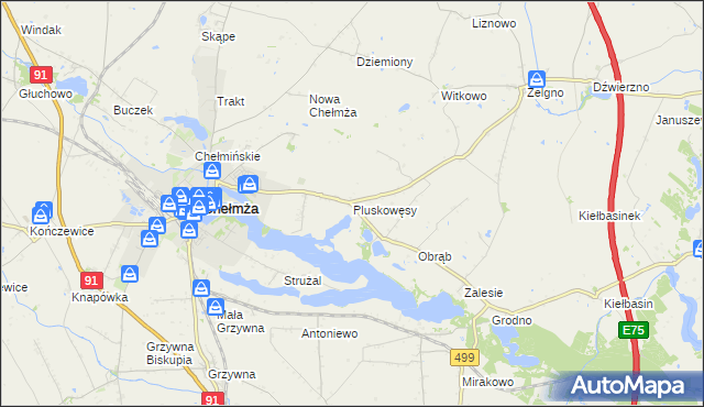 mapa Pluskowęsy gmina Chełmża, Pluskowęsy gmina Chełmża na mapie Targeo