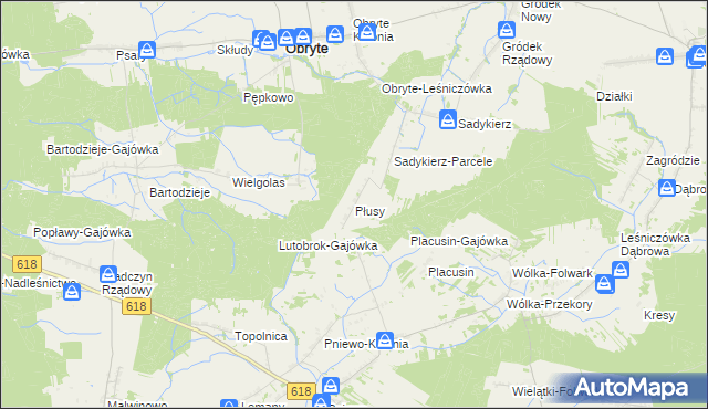 mapa Płusy gmina Obryte, Płusy gmina Obryte na mapie Targeo