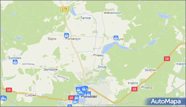 mapa Pniewy gmina Kalisz Pomorski, Pniewy gmina Kalisz Pomorski na mapie Targeo
