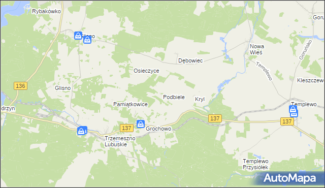 mapa Podbiele gmina Sulęcin, Podbiele gmina Sulęcin na mapie Targeo