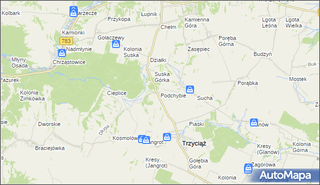 mapa Podchybie gmina Trzyciąż, Podchybie gmina Trzyciąż na mapie Targeo