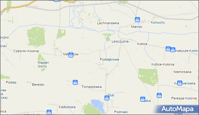 mapa Poddąbrowa gmina Miączyn, Poddąbrowa gmina Miączyn na mapie Targeo
