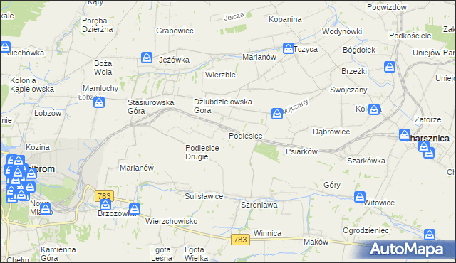 mapa Podlesice gmina Charsznica, Podlesice gmina Charsznica na mapie Targeo