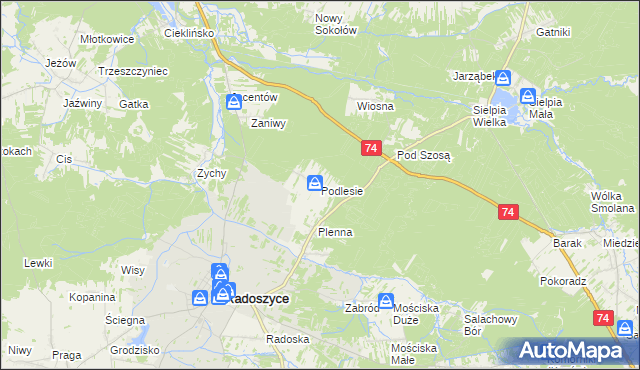 mapa Podlesie gmina Radoszyce, Podlesie gmina Radoszyce na mapie Targeo