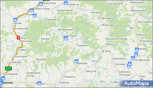 mapa Podszkle gmina Czarny Dunajec, Podszkle gmina Czarny Dunajec na mapie Targeo