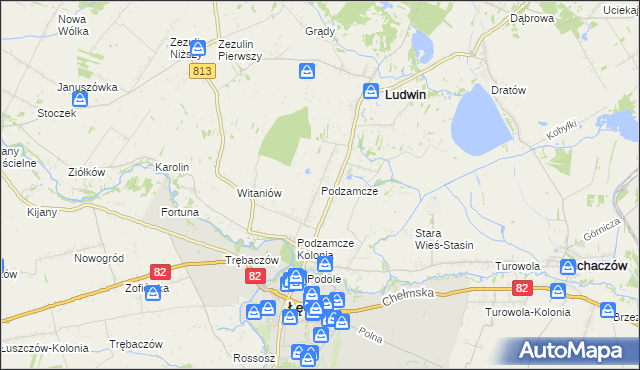 mapa Podzamcze gmina Łęczna, Podzamcze gmina Łęczna na mapie Targeo