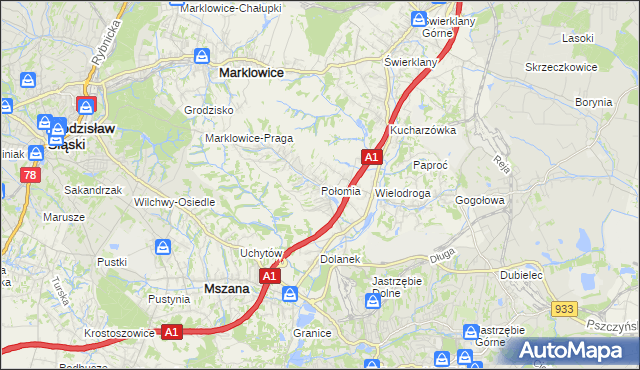 mapa Połomia gmina Mszana, Połomia gmina Mszana na mapie Targeo