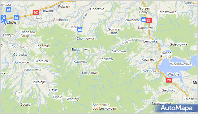 mapa Ponikiew gmina Wadowice, Ponikiew gmina Wadowice na mapie Targeo