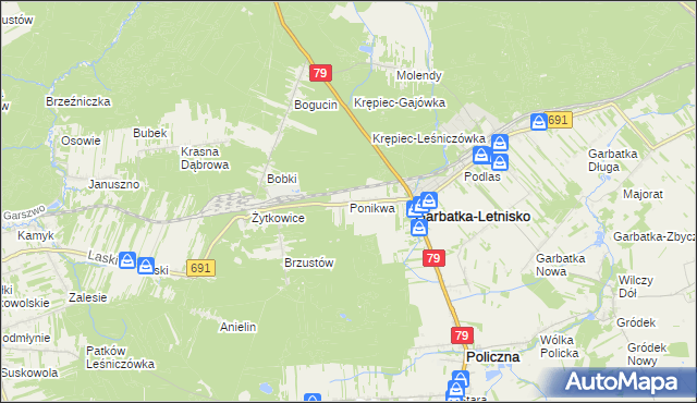 mapa Ponikwa gmina Garbatka-Letnisko, Ponikwa gmina Garbatka-Letnisko na mapie Targeo