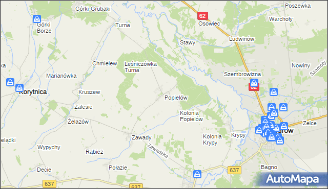 mapa Popielów gmina Liw, Popielów gmina Liw na mapie Targeo