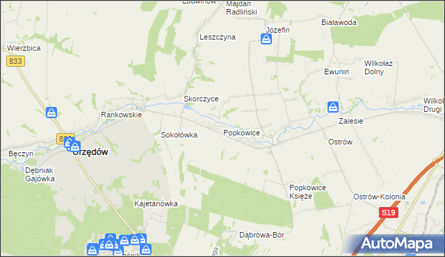 mapa Popkowice gmina Urzędów, Popkowice gmina Urzędów na mapie Targeo