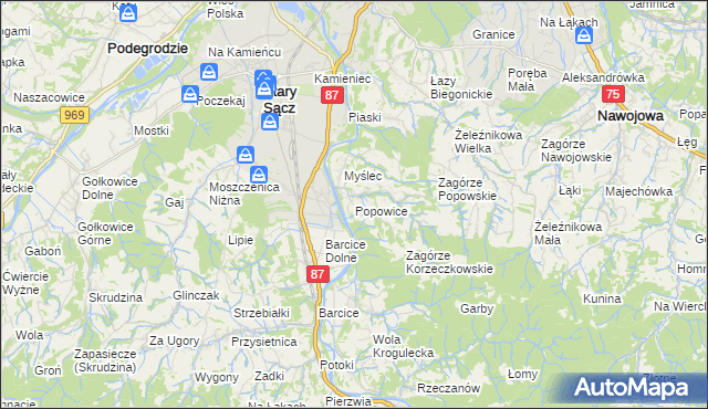 mapa Popowice gmina Stary Sącz, Popowice gmina Stary Sącz na mapie Targeo