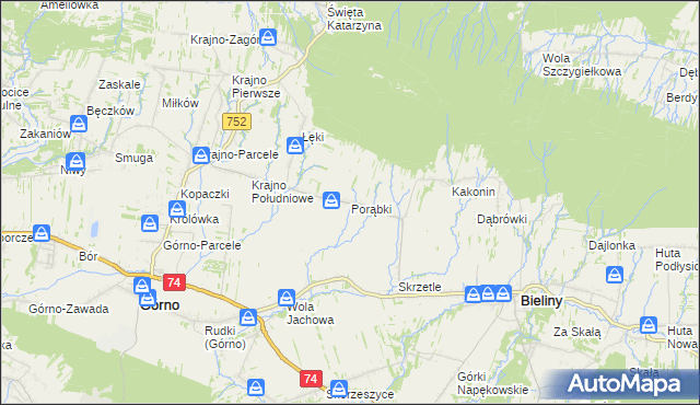 mapa Porąbki gmina Bieliny, Porąbki gmina Bieliny na mapie Targeo