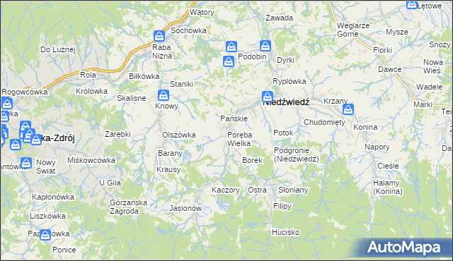 mapa Poręba Wielka gmina Niedźwiedź, Poręba Wielka gmina Niedźwiedź na mapie Targeo