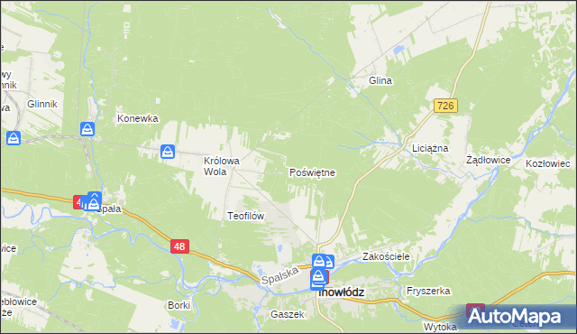 mapa Poświętne gmina Inowłódz, Poświętne gmina Inowłódz na mapie Targeo