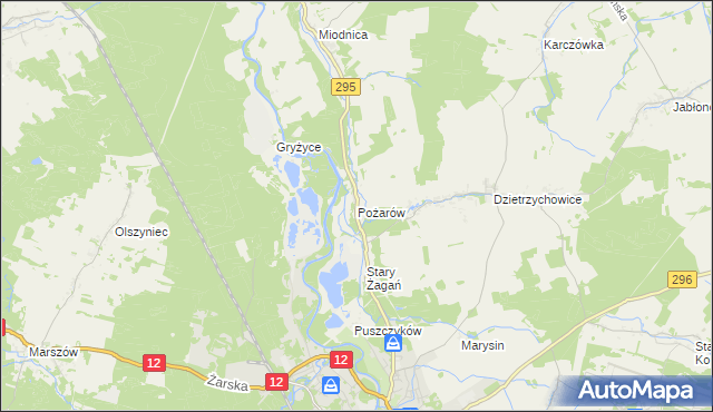 mapa Pożarów gmina Żagań, Pożarów gmina Żagań na mapie Targeo