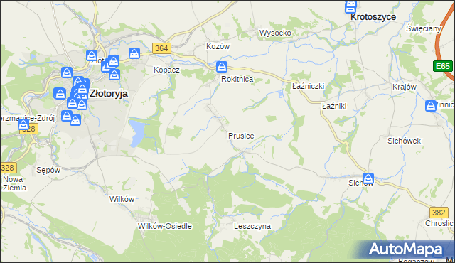 mapa Prusice gmina Złotoryja, Prusice gmina Złotoryja na mapie Targeo