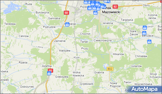mapa Prusy gmina Mińsk Mazowiecki, Prusy gmina Mińsk Mazowiecki na mapie Targeo