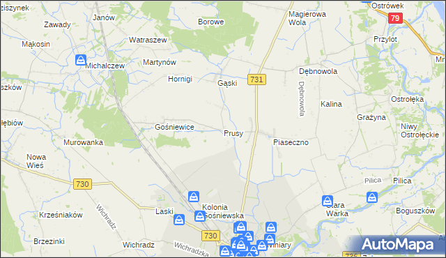 mapa Prusy gmina Warka, Prusy gmina Warka na mapie Targeo