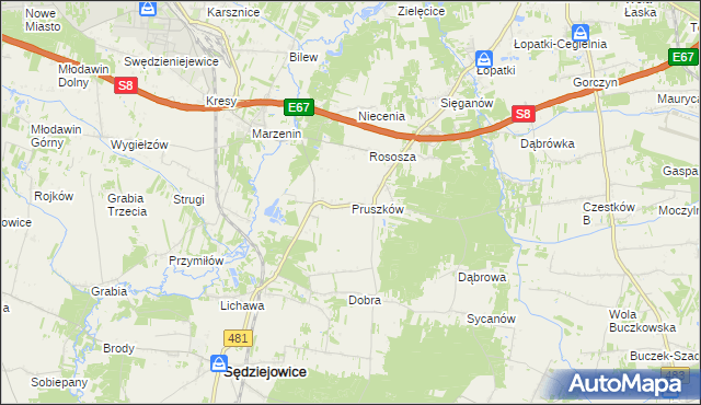 mapa Pruszków gmina Sędziejowice, Pruszków gmina Sędziejowice na mapie Targeo