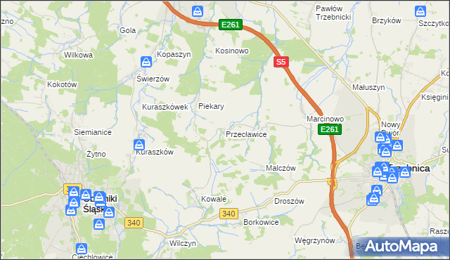 mapa Przecławice gmina Oborniki Śląskie, Przecławice gmina Oborniki Śląskie na mapie Targeo