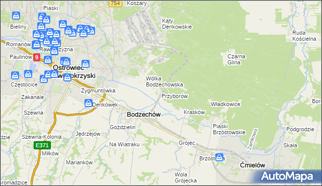 mapa Przyborów gmina Bodzechów, Przyborów gmina Bodzechów na mapie Targeo