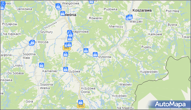 mapa Przyborów gmina Jeleśnia, Przyborów gmina Jeleśnia na mapie Targeo