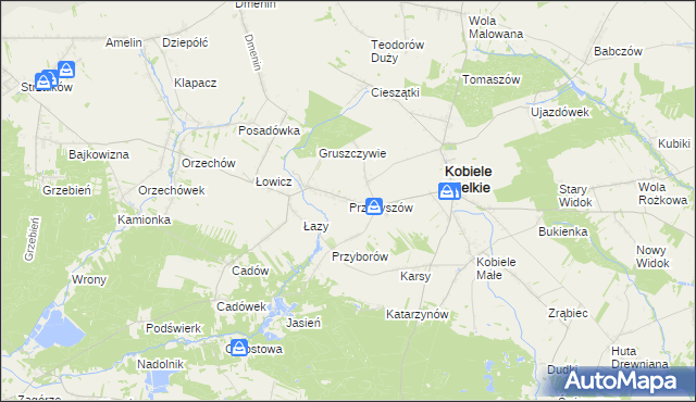 mapa Przybyszów gmina Kobiele Wielkie, Przybyszów gmina Kobiele Wielkie na mapie Targeo