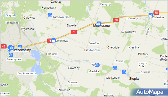 mapa Przybyszów gmina Moskorzew, Przybyszów gmina Moskorzew na mapie Targeo