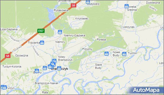 mapa Przyjmy gmina Brańszczyk, Przyjmy gmina Brańszczyk na mapie Targeo