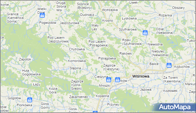 mapa Pstrągówka gmina Wiśniowa, Pstrągówka gmina Wiśniowa na mapie Targeo