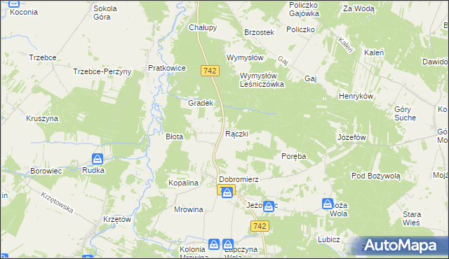 mapa Rączki gmina Kluczewsko, Rączki gmina Kluczewsko na mapie Targeo