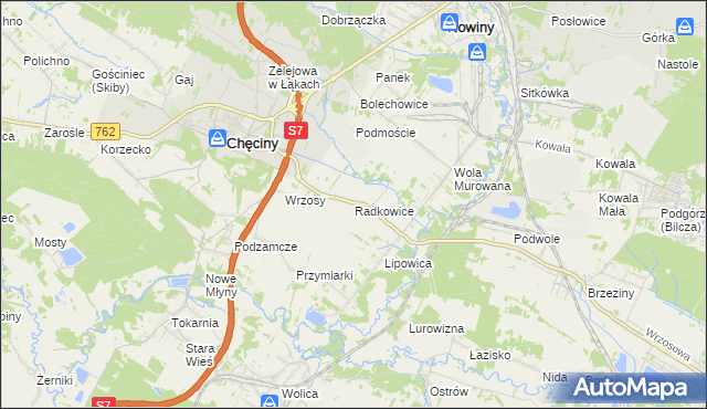 mapa Radkowice gmina Chęciny, Radkowice gmina Chęciny na mapie Targeo