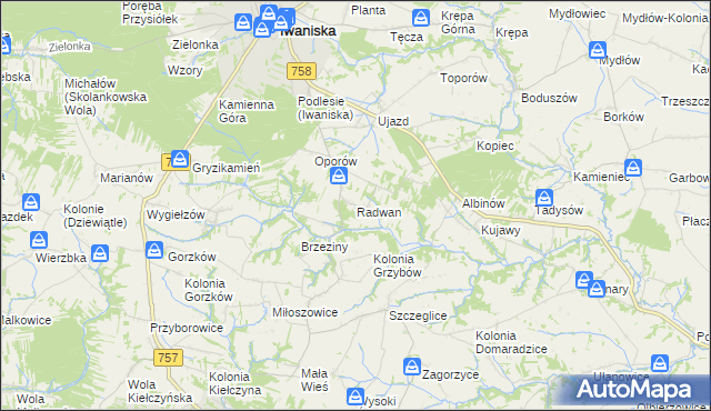 mapa Radwan gmina Iwaniska, Radwan gmina Iwaniska na mapie Targeo