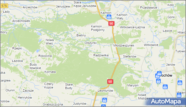 mapa Radziwiłka gmina Młodzieszyn, Radziwiłka gmina Młodzieszyn na mapie Targeo