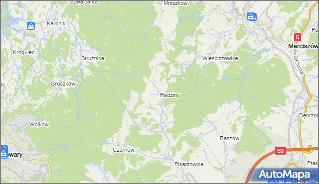 mapa Rędziny gmina Kamienna Góra, Rędziny gmina Kamienna Góra na mapie Targeo