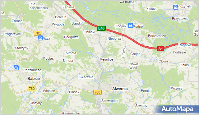 mapa Regulice gmina Alwernia, Regulice gmina Alwernia na mapie Targeo