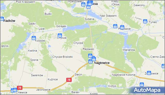 mapa Rejowiec gmina Nagłowice, Rejowiec gmina Nagłowice na mapie Targeo